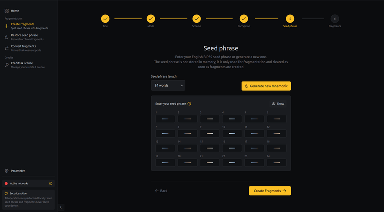 Frag-ment app, seed phrase fragmentation interface